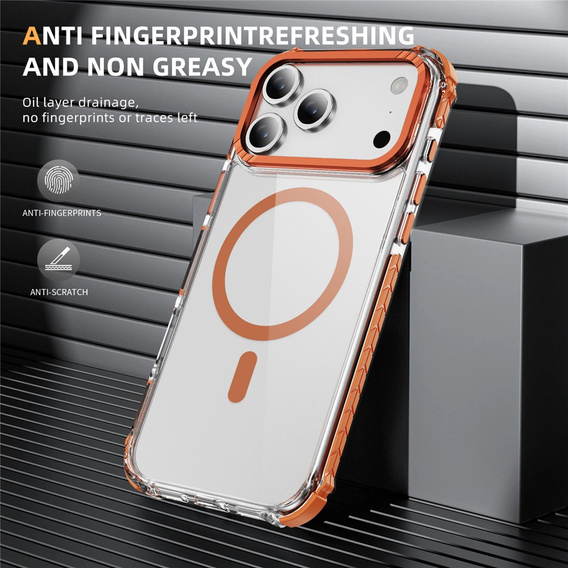 Etui pancerne do iPhone 17 Pro Max, do MagSafe, przezroczyste z pomarańczową ramką
