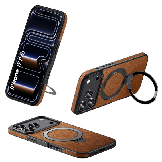 Etui Skórzane do iPhone 17 Pro, MagSafe, z podstawką - brązowe