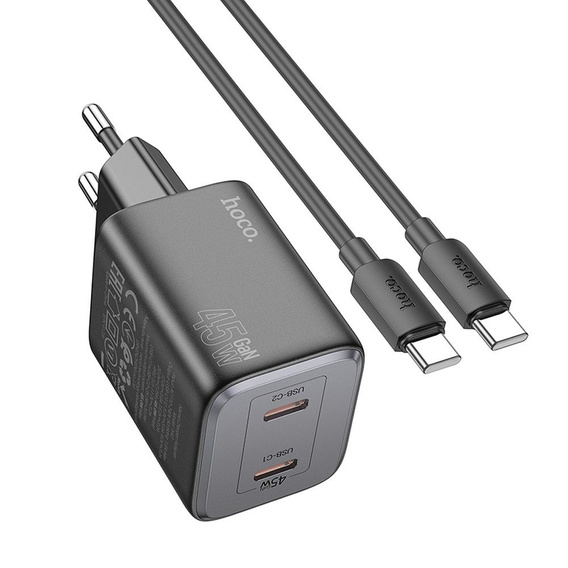 HOCO Ładowarka Sieciowa 2x USB Type-C PD QC 45W GaN, czarna + Kabel USB Type-C