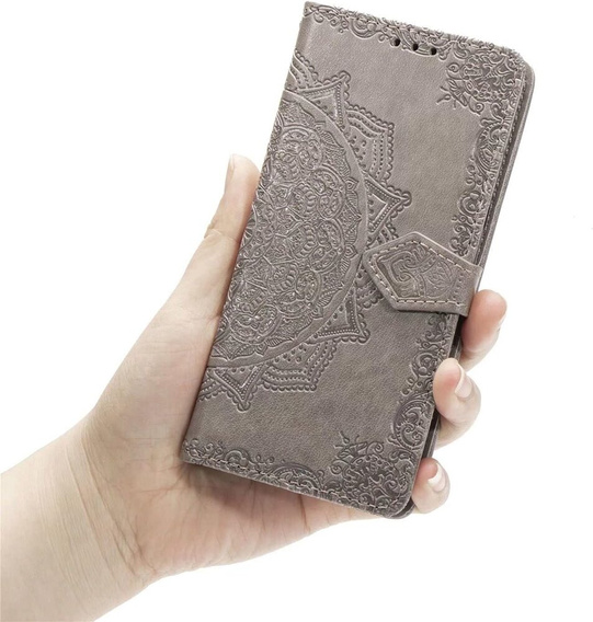 Etui z klapką do Samsung Galaxy M55 5G, Mandala, szare