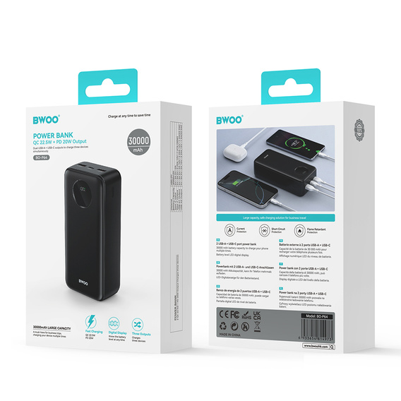 Power bank BWOO 30000 mAh 22,5W z wyświetlaczem LCD, czarny