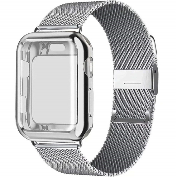 Bransoleta Milanese + Etui z osłoną na ekran do Apple Watch 1/2/3/4/5/6/SE 42/44MM, Srebrny