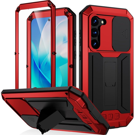 Etui pancerne do Samsung Galaxy S23, R-JUST CamShield Slide, czerwone / czarne