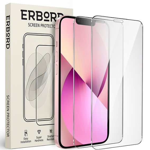2x Szkło Hartowane do iPhone 13 Mini, ERBORD 9H Hard Glass, szybka