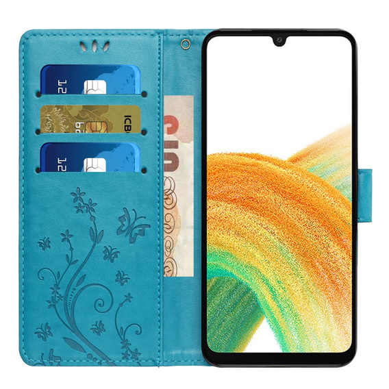 Etui z klapką do Samsung Galaxy A25 5G, Butterfly , niebieskie+ szkło 9H