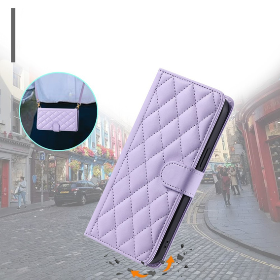 Etui z klapką do Samsung Galaxy S24 FE, Rhombus Crossbody Leather, fioletowe