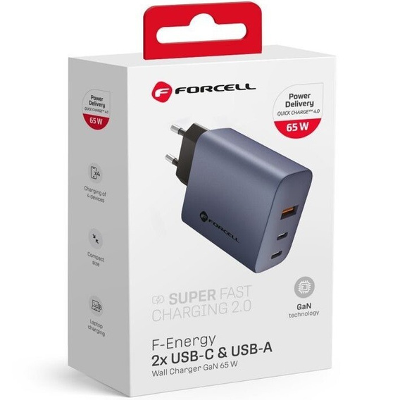 Forcell Ładowarka Sieciowa USB-A / 2x USB-C 3A GaN 65W PD QC 4.0, szara