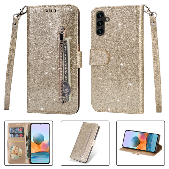 Etui z klapką do Samsung Galaxy A35 5G, Wallet Zipper Pocket Glittery, złote