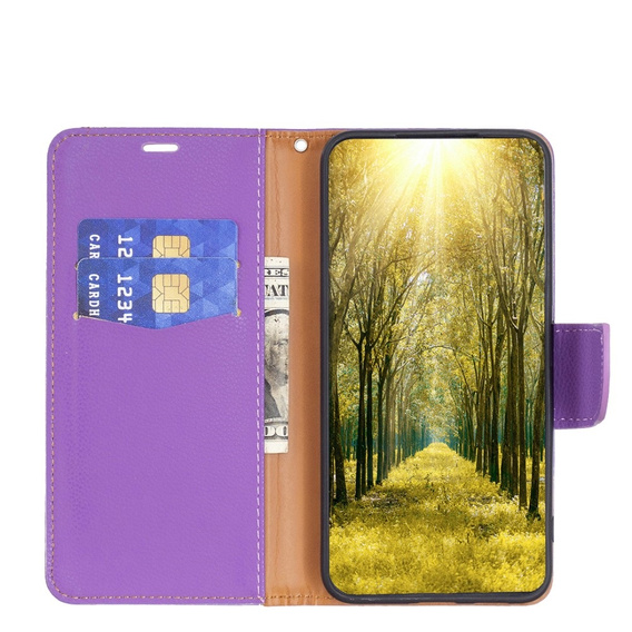 Etui z klapką do Samsung Galaxy A15, Wallet Litchi Leather, fioletowe + szkło 9H