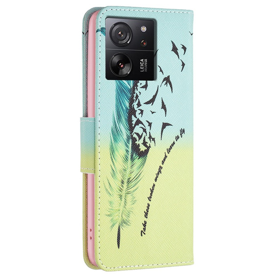 Etui z klapką do Xiaomi 13T / 13T Pro / Redmi K60 Ultra, Wallet, Feather niebieskie / żółte