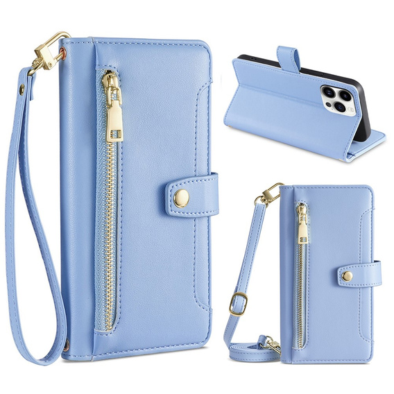 Etui z klapką do iPhone 15 Pro Max, Wallet Zipper Pocket, niebieskie