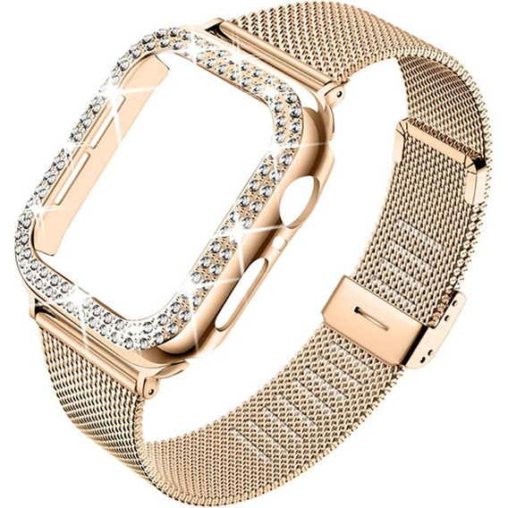 Bransoleta + Etui z Diamentami do Apple Watch 4/5/6/SE 44mm, Różowe złoto