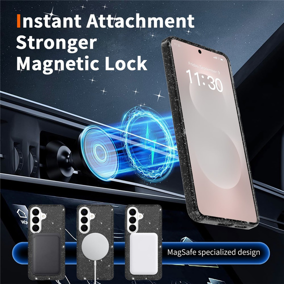 Etui do Samsung Galaxy S26, do MagSafe, brokatowe, przezroczyste / czarne