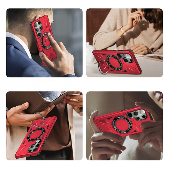 Etui do Samsung Galaxy S24 Ultra, pancerne z podstawką i blaszką do uchwytu, czerwone