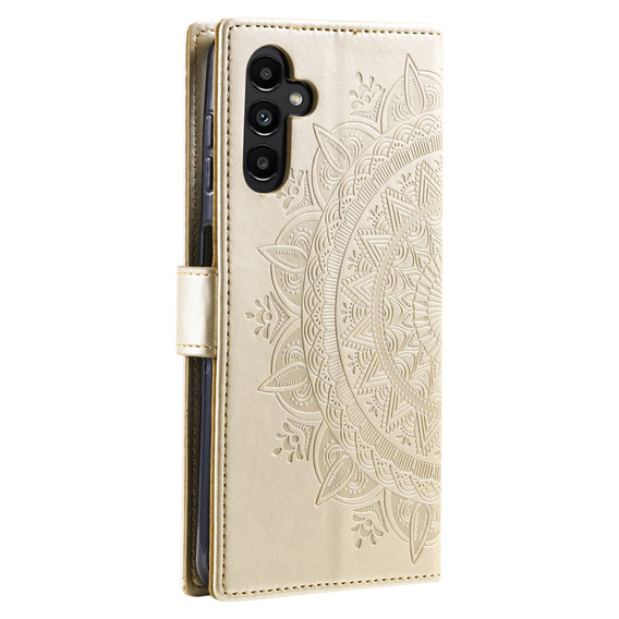 Etui z klapką do Samsung Galaxy A15, Mandala Flower, złote + szkło 9H