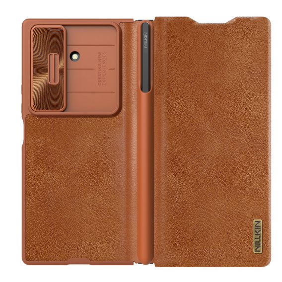 Etui z klapką NILLKIN do Samsung Galaxy Z Fold7, CamShield Qin Pro, skórzane z rysikiem, brązowe
