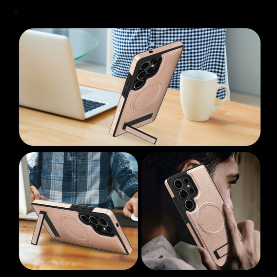 Etui skórzane z podstawką do Samsung Galaxy S25 Ultra – kompatybilne z MagSafe, rose gold