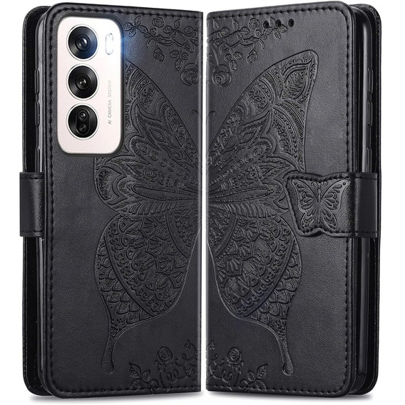 Etui z klapką do Oppo Reno 12, Butterfly, czarne