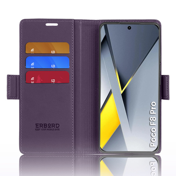 Etui do Xiaomi Poco F8 Pro, ERBORD Glossy Litchi, portfel z klapką, fioletowe