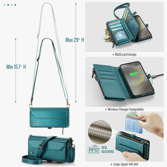 Etui CASEME do Samsung Galaxy S25 FE, RFID Leather Wallet, z paskiem na ramię, zielone