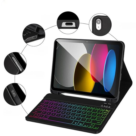Etui z podświetlaną klawiaturą bluetooth do iPad 11" 2025 A16 (11 gen.) / iPad 10.9" 2022 (10 gen.), czarne