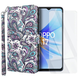 Zestaw Etui z klapką do Oppo A17, Fioletowe wzory + Szkło 9H