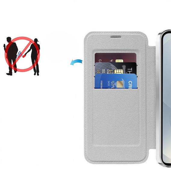 Etui z klapką do Samsung Galaxy S25, RFID Wallet MagSafe z ochroną aparatu, srebrne