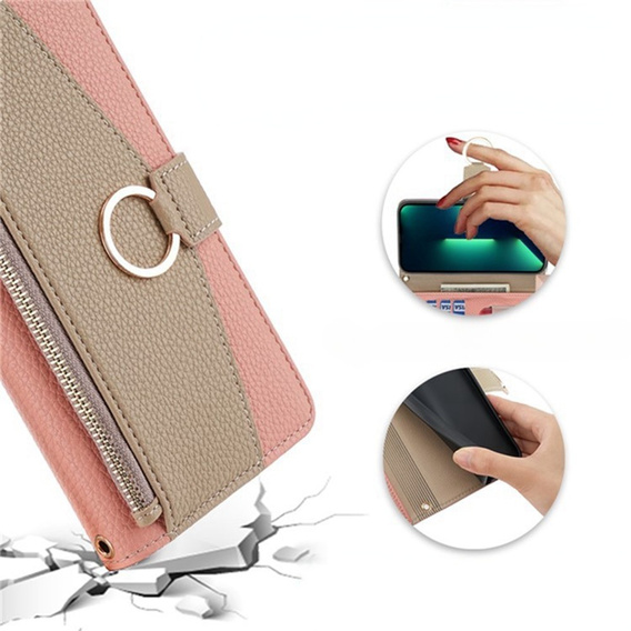 Etui z klapką do Samsung Galaxy A56 5G, Wallet Zipper Pocket, z lusterkiem, różowe