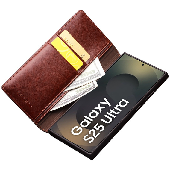 Etui z klapką do Samsung Galaxy S25 Ultra, QIALINO Leather Wallet, ciemnobrązowe