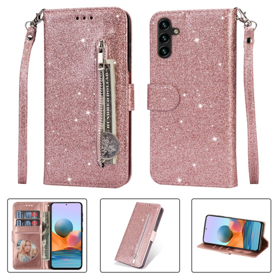 Etui z klapką do Samsung Galaxy A35 5G, Wallet Zipper Pocket Glittery, różowe rose gold