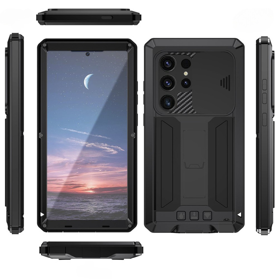 Etui pancerne do Samsung Galaxy S25 Ultra, R-JUST, z przesłoną aparatu i podstawką, czarne