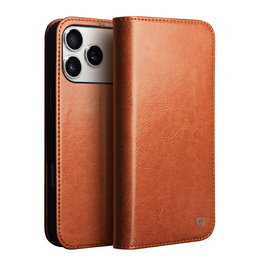Etui ze skóry z klapką do iPhone 17 Pro Max, QIALINO Genuine Cow Leather – jasnobrązowe
