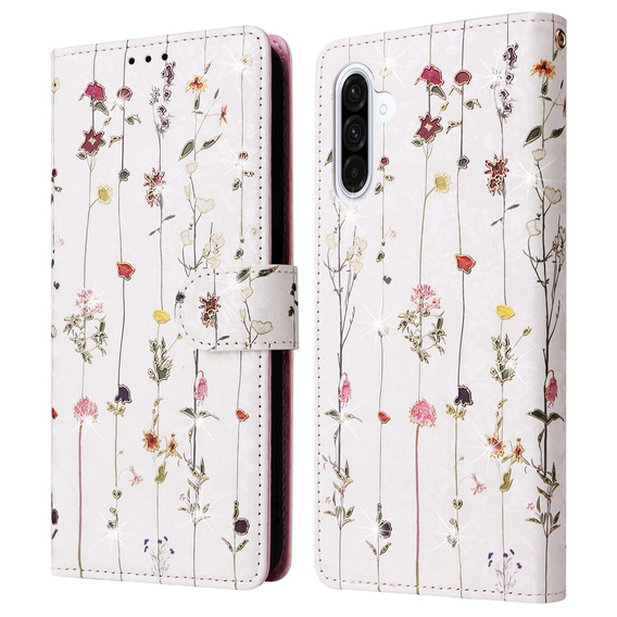 Etui z klapką do Galaxy A56 – drobne kwiaty, ochrona RFID, kieszenie na karty, zdjęcie i banknoty