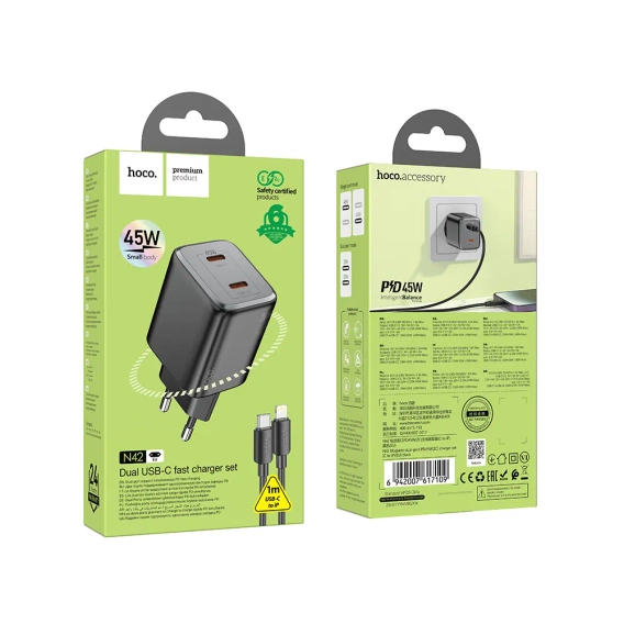 Ładowarka sieciowa HOCO 2x Typ-C + kabel Typ-C do Lightning PD/QC 45W GaN N42 czarna