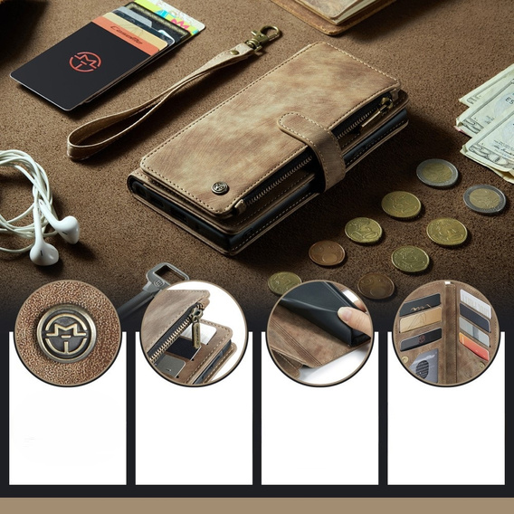 Etui CASEME do Samsung Galaxy A56 5G, Leather Wallet Cash and Card Slots, z paskiem, brązowe