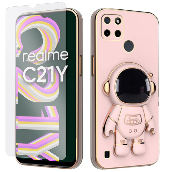 Zestaw Etui Electro do Realme C21Y/C25Y, Astronauta, Różowe + szkło