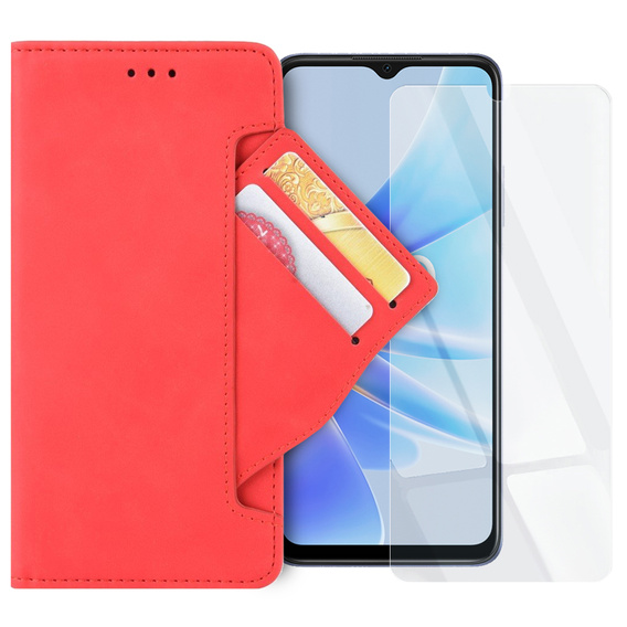 Zestaw Etui z klapką do Oppo A17, Card Slot, Czerwone + Szkło 9H