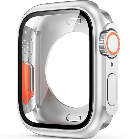 2w1 Pełne Etui + Szkło Hartowane do Apple Watch 7/8/9 45MM, Srebrne/Pomarańczowe