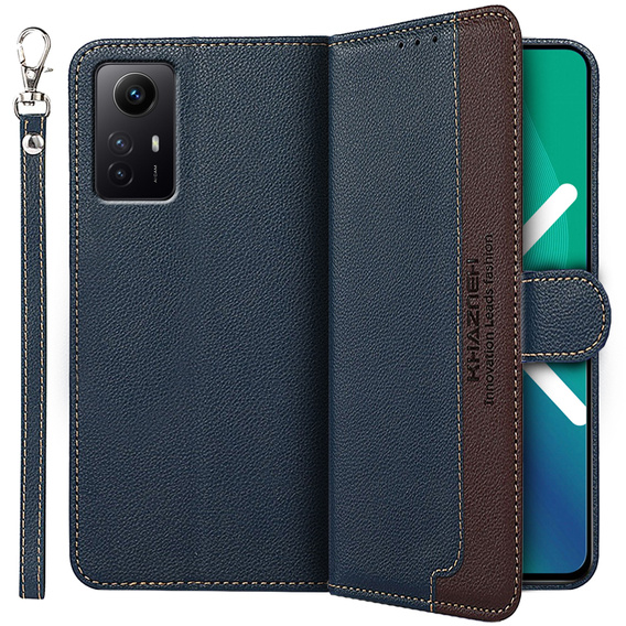 Etui z klapką do Xiaomi Redmi Note 12S 4G, KHAZNEH RFID, niebieskie / brązowe