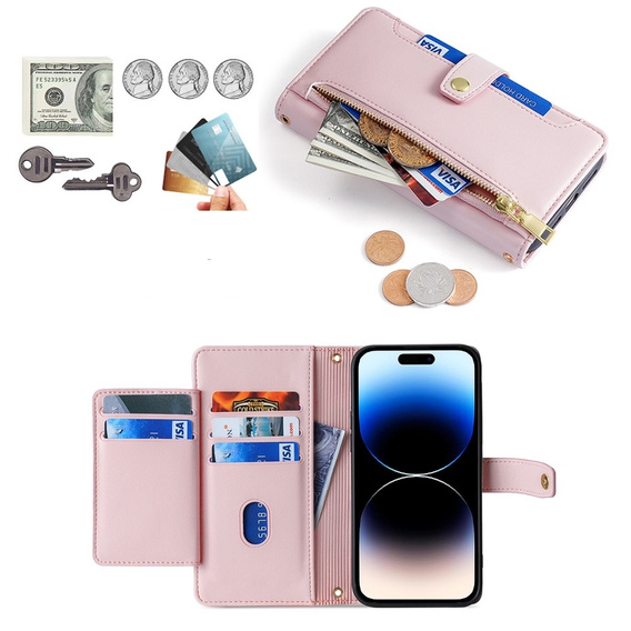 Etui z klapką do iPhone 14 Pro, Wallet Zipper Pocket, różowe