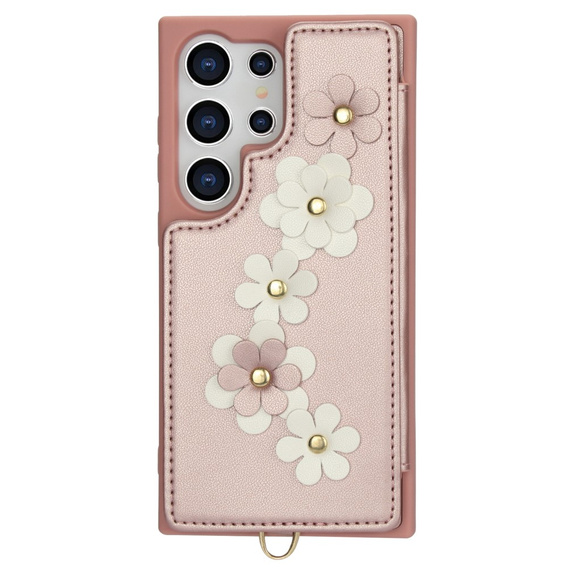 Etui do Samsung Galaxy S24 Ultra, Leather Flower Card Slot, różowe