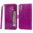 Etui z klapką do Samsung Galaxy S24, Wallet Zipper Pocket Glittery, fioletowe