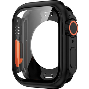2w1 Pełne Etui + Szkło Hartowane do Apple Watch 7/8 45MM, Czarne/Pomarańczowe
