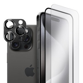 2x Szkło + szybka na aparat czarna do iPhone 15 Pro Max, ERBORD Hartowane 9H/3D