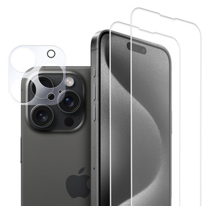 2x Szkło + szybka na aparat do iPhone 15 Pro Max, ERBORD Hartowane 9H