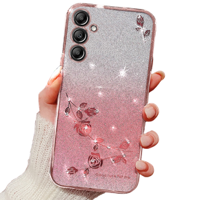 Etui do Samsung Galaxy A15, Glitter Flower, różowe rose gold + szkło