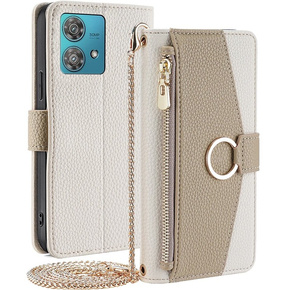 Etui z klapką do Motorola Edge 40 Neo 5G, Wallet Zipper Pocket, z lusterkiem, białe