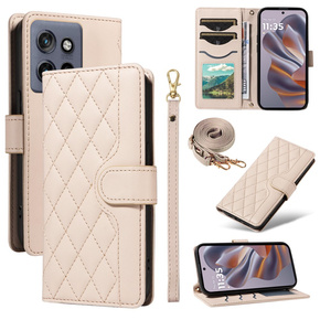 Etui z klapką do Motorola Edge 50 Neo, Rhombus Crossbody Leather, beżowe