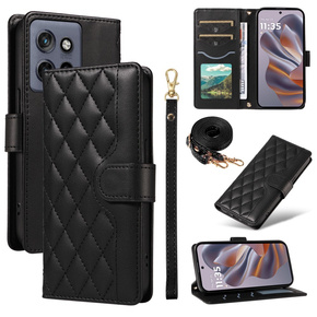 Etui z klapką do Motorola Edge 50 Neo, Rhombus Crossbody Leather, czarne