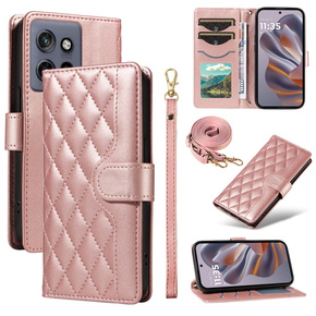 Etui z klapką do Motorola Edge 50 Neo, Rhombus Crossbody Leather, różowe rose gold